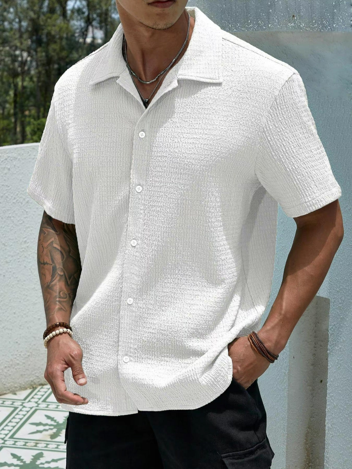 Men's Textured Button Front Neckline Shirt