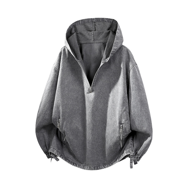 Washed Denim Oversized Half-Zip Hoodie