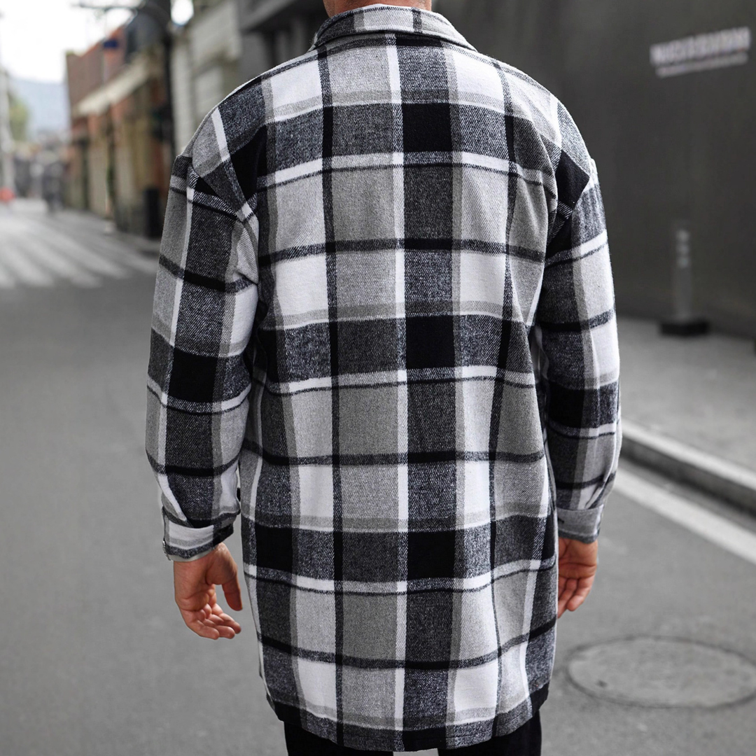 Plaid Lapel Loose-Fit Long Trench Coat