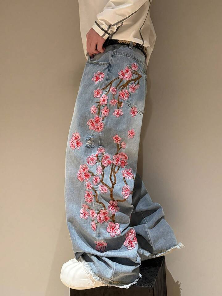 Cherry Blossom Embroidered Baggy Jeans