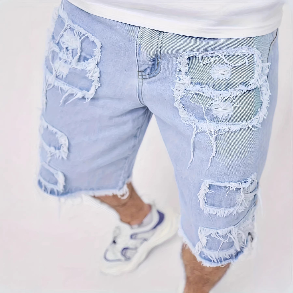 Men's Distressed Raw-Hem Denim Shorts