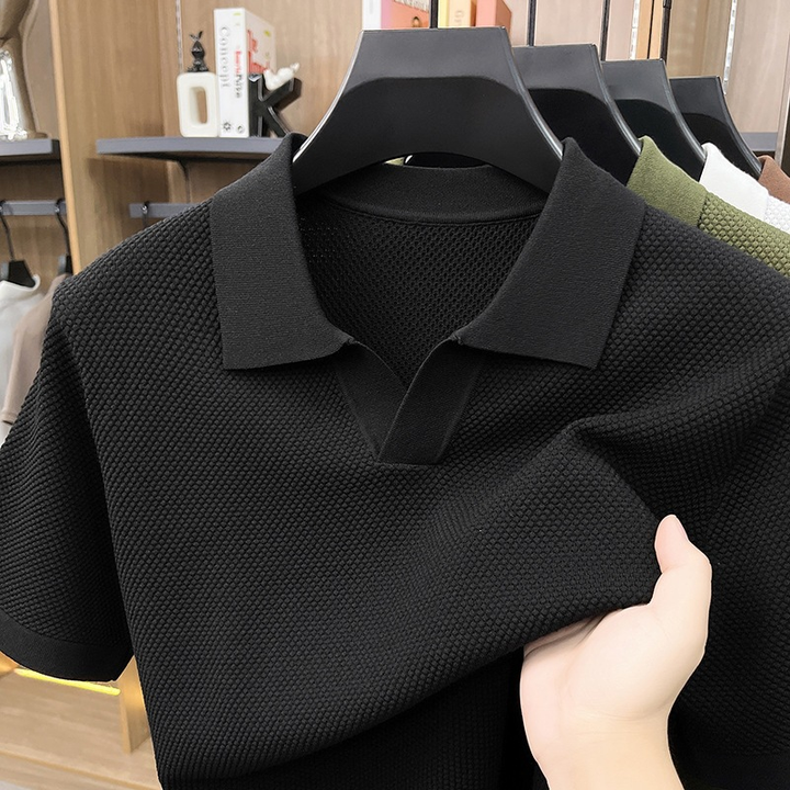 Textured V-Neck Knit Polo Shirt