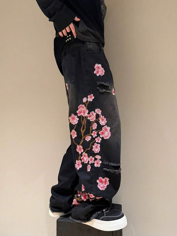 Cherry Blossom Embroidered Baggy Jeans