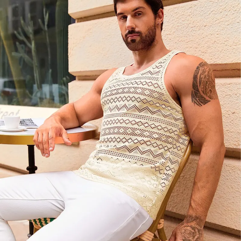 Men's Sheer Lace Sleeveless Tank Top