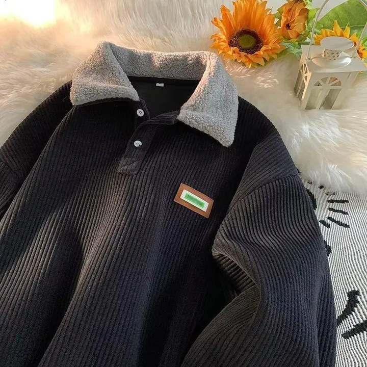 Contrast Teddy Collar Corduroy Pullover