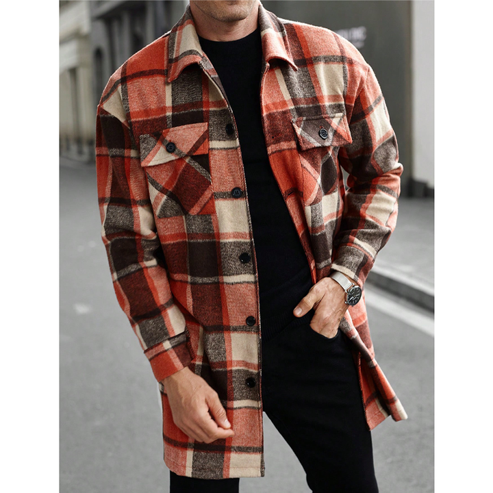 Plaid Lapel Loose-Fit Long Trench Coat