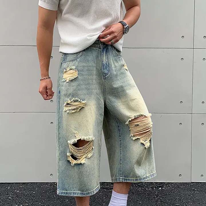 Distressed Loose-Fit Denim Capri Shorts