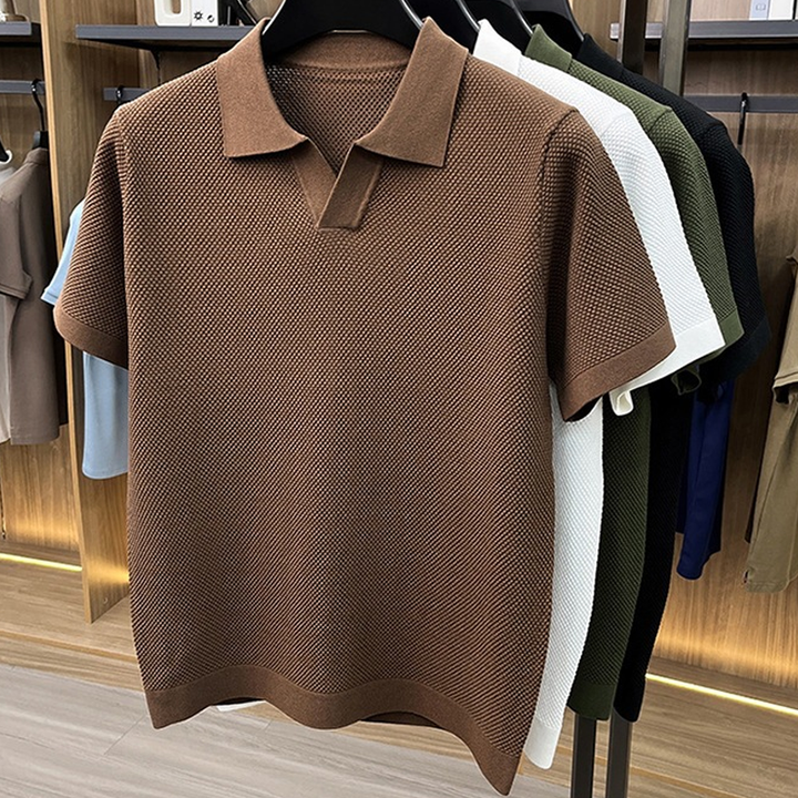 Textured V-Neck Knit Polo Shirt