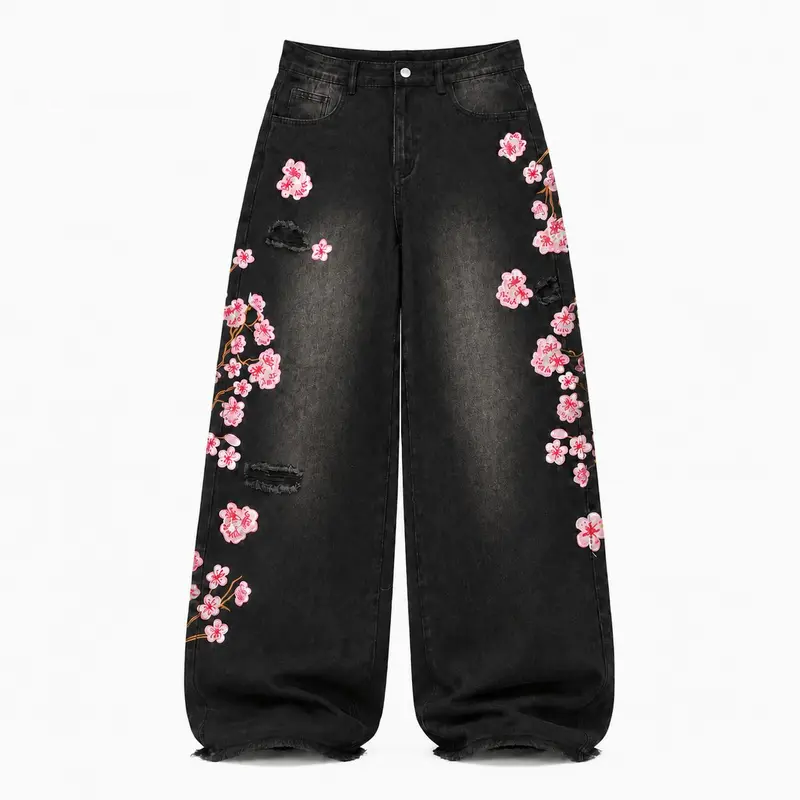 Cherry Blossom Embroidered Baggy Jeans