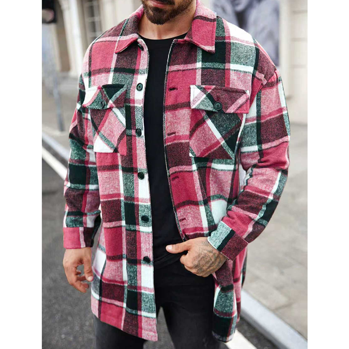 Plaid Lapel Loose-Fit Long Trench Coat
