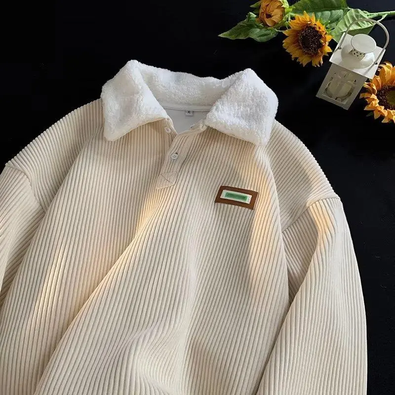 Contrast Teddy Collar Corduroy Pullover