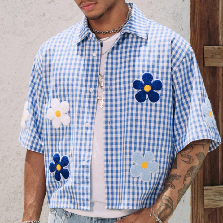 Floral Embroidered Plaid Button-Up Shirt