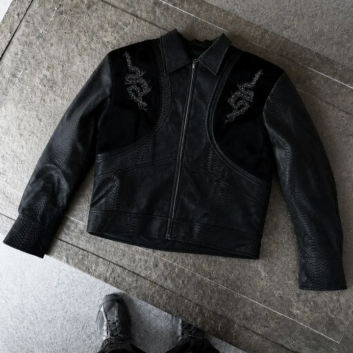 Snake Embroidered Slim Moto Jacket