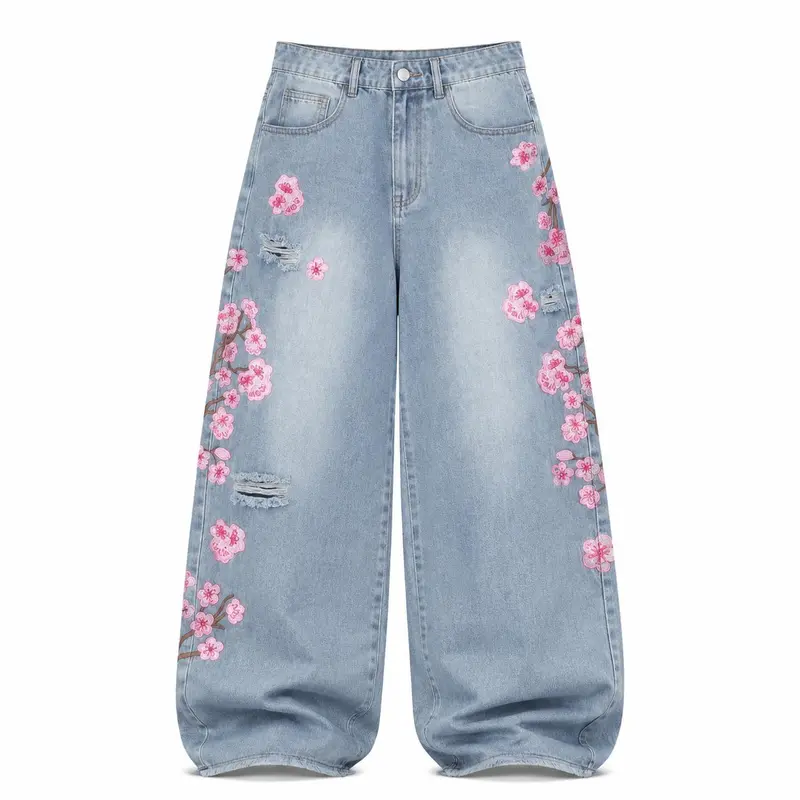 Cherry Blossom Embroidered Baggy Jeans