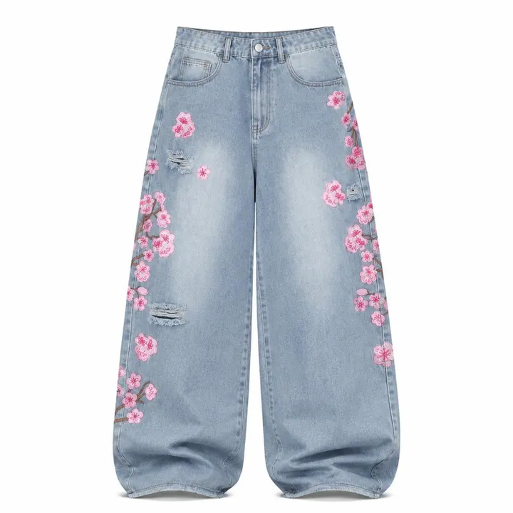Cherry Blossom Embroidered Baggy Jeans