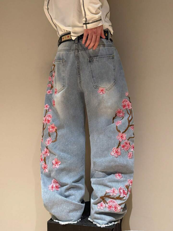 Cherry Blossom Embroidered Baggy Jeans