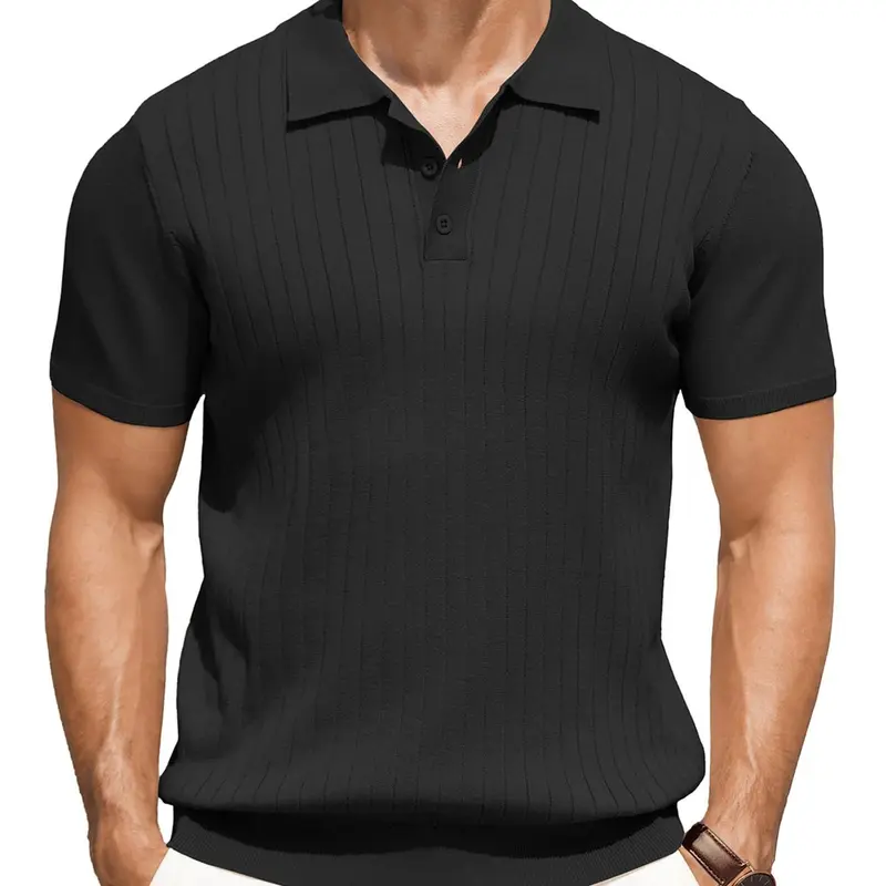 Ribbed Knit 3-Button Polo Shirt