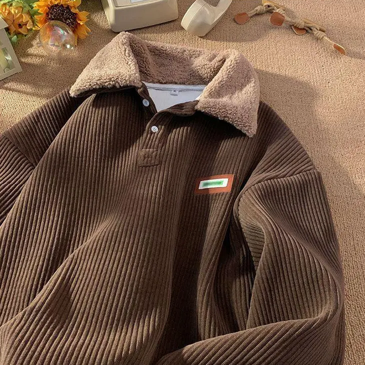 Contrast Teddy Collar Corduroy Pullover