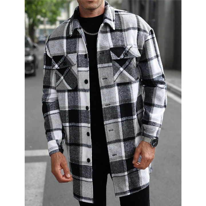 Plaid Lapel Loose-Fit Long Trench Coat