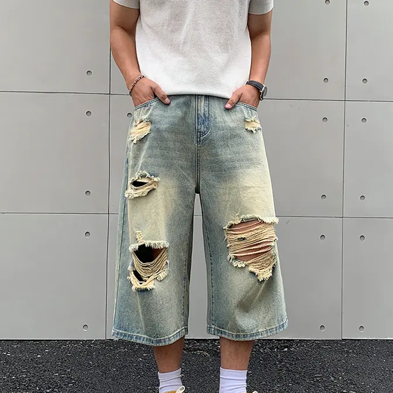 Distressed Loose-Fit Denim Capri Shorts