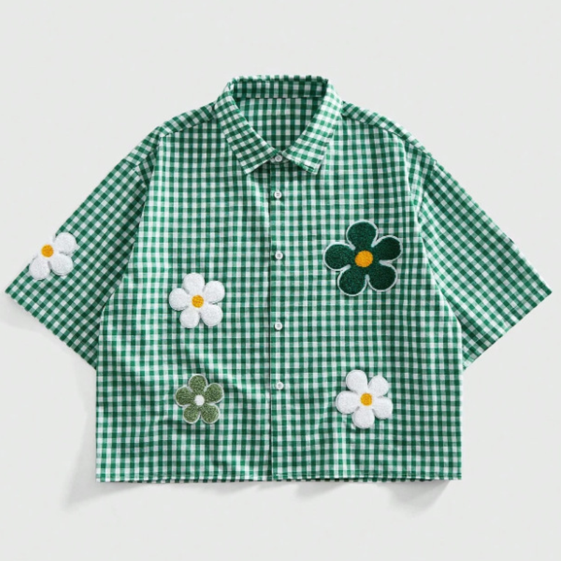 Floral Embroidered Plaid Button-Up Shirt