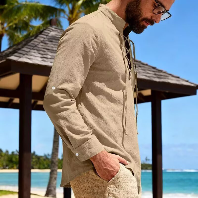 Men's Lace-Up Linen Casual Shirt