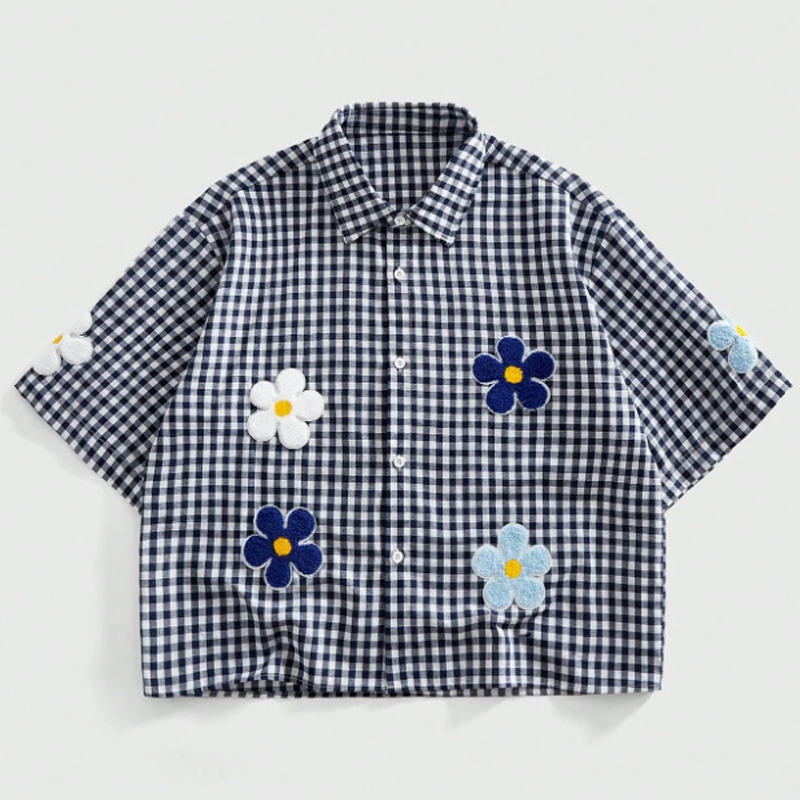 Floral Embroidered Plaid Button-Up Shirt
