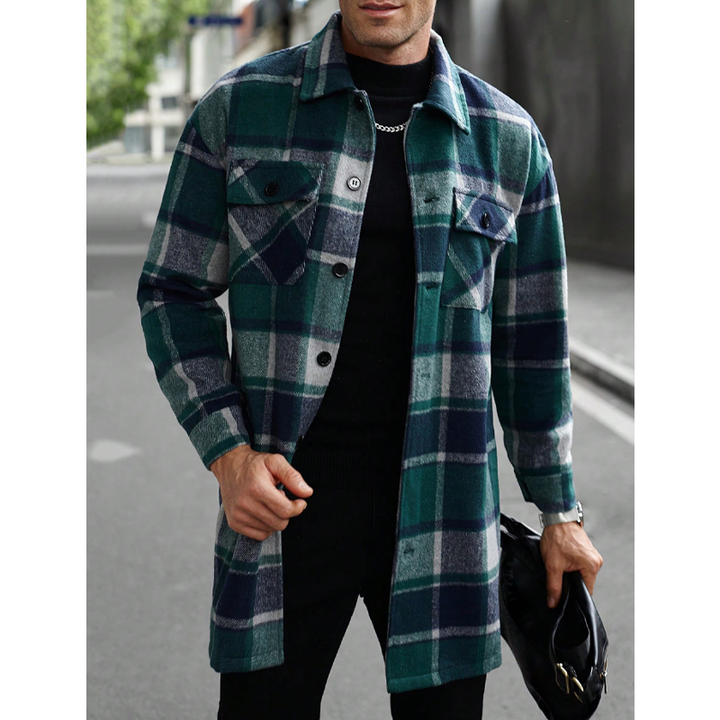 Plaid Lapel Loose-Fit Long Trench Coat