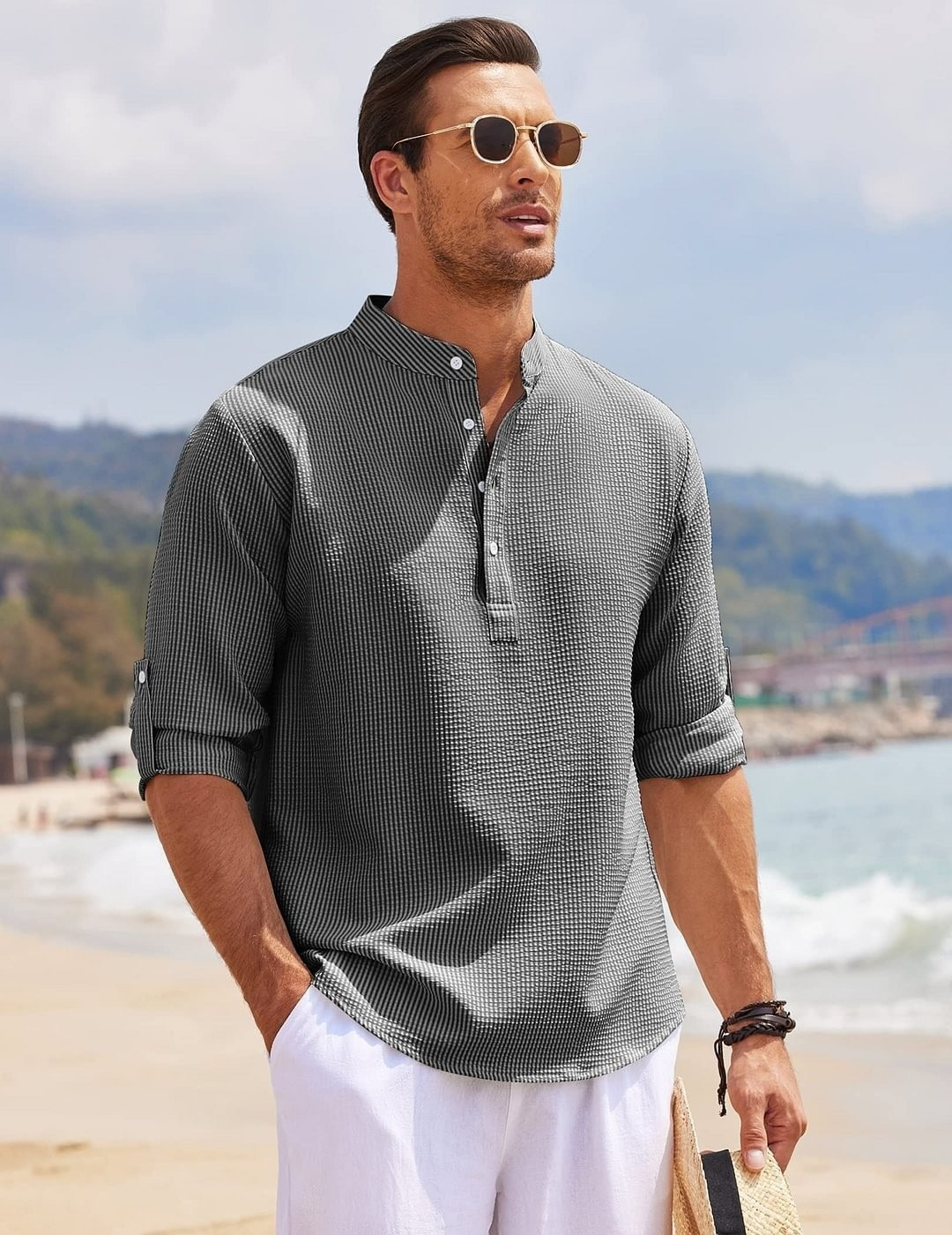 Men's Waffle Henley Roll-Sleeve Shirt