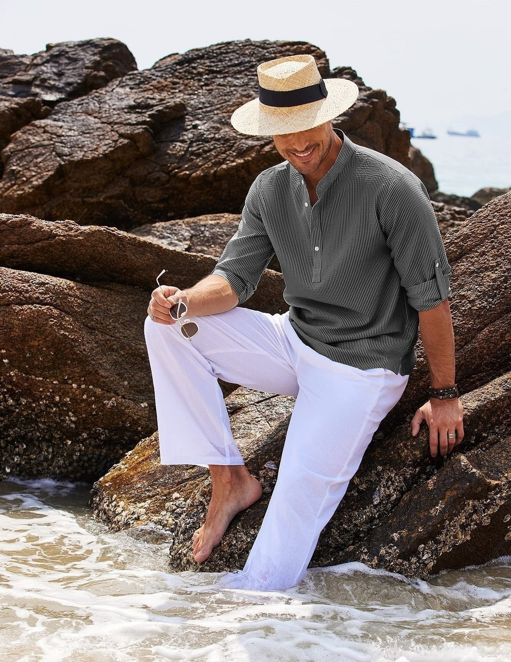 Men's Waffle Henley Roll-Sleeve Shirt