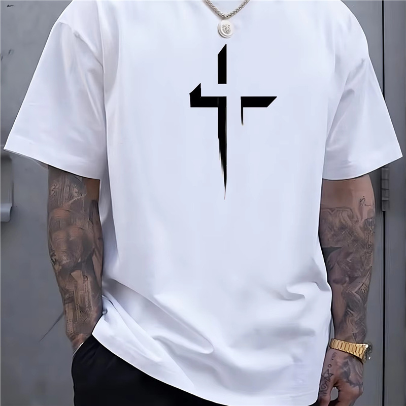 Men's Distressed Cross Print Cotton Tee