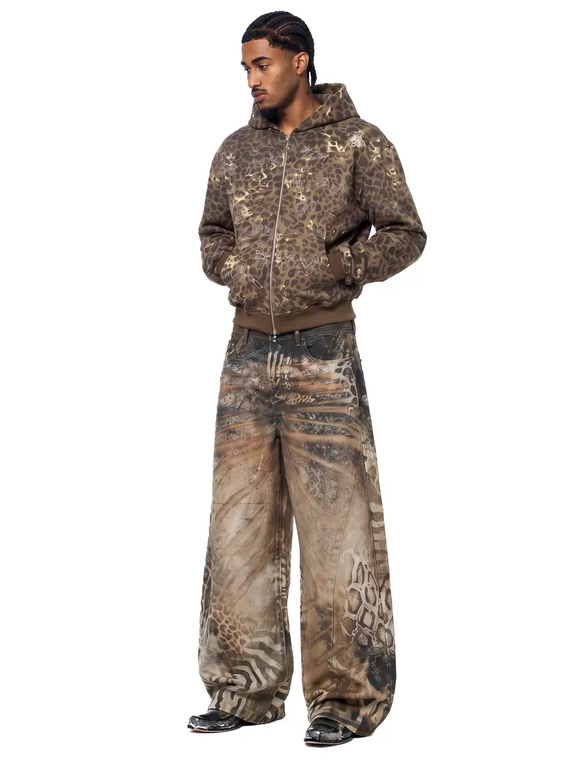 Leopard Print Wide-Leg Baggy Jeans