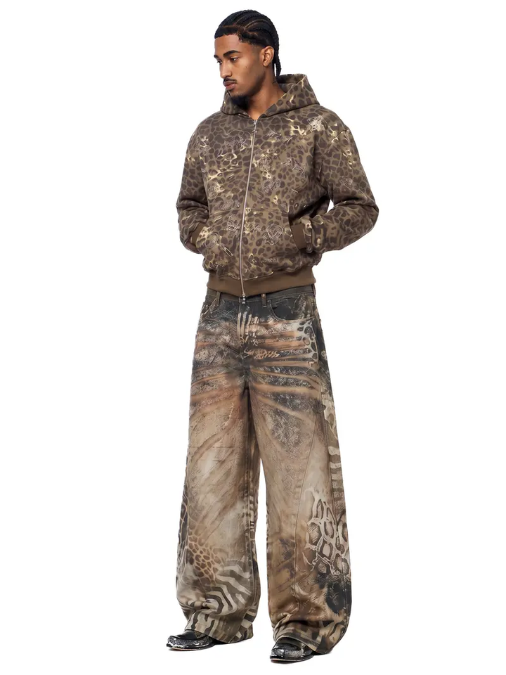 Leopard Print Wide-Leg Baggy Jeans