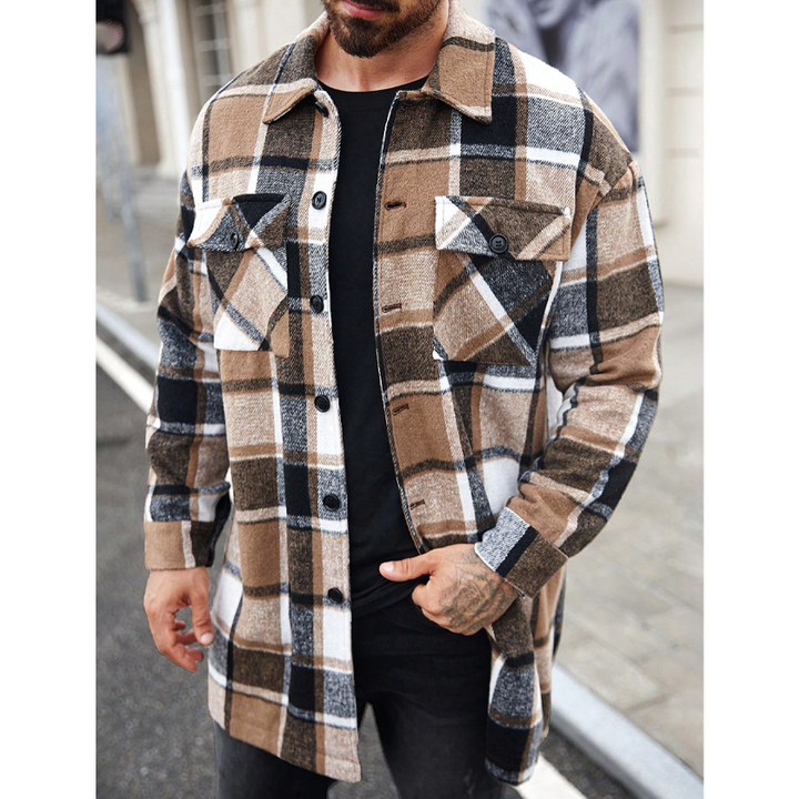 Plaid Lapel Loose-Fit Long Trench Coat