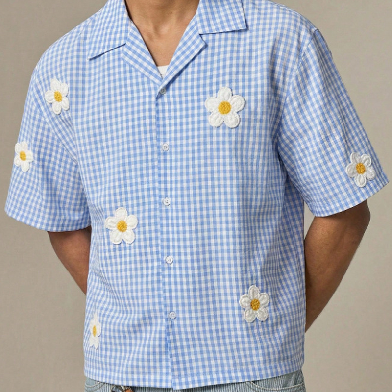 Floral Embroidered Plaid Button-Up Shirt