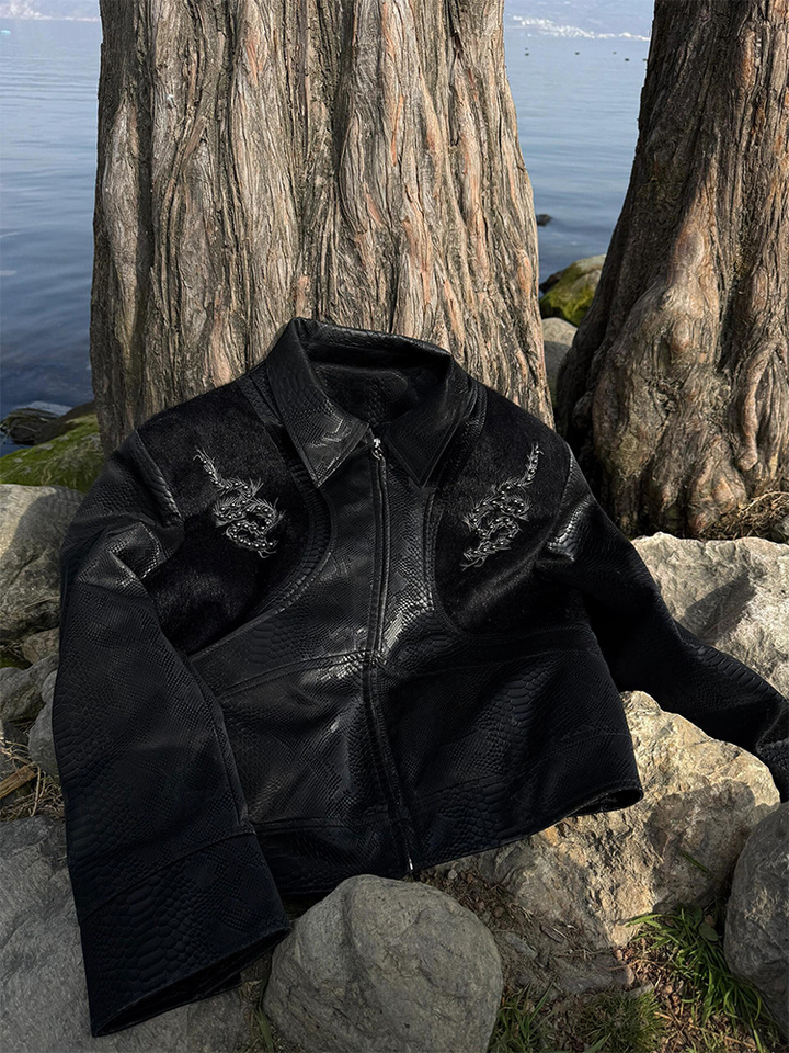 Snake Embroidered Slim Moto Jacket