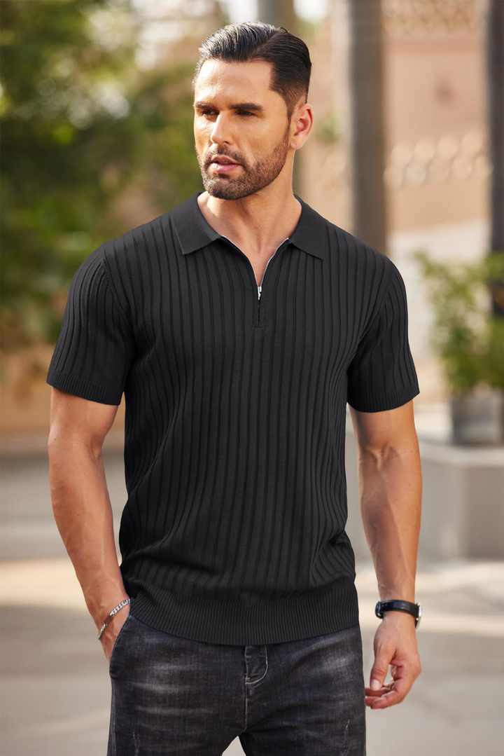 Short-Sleeve Ribbed Quarter-Zip Polo