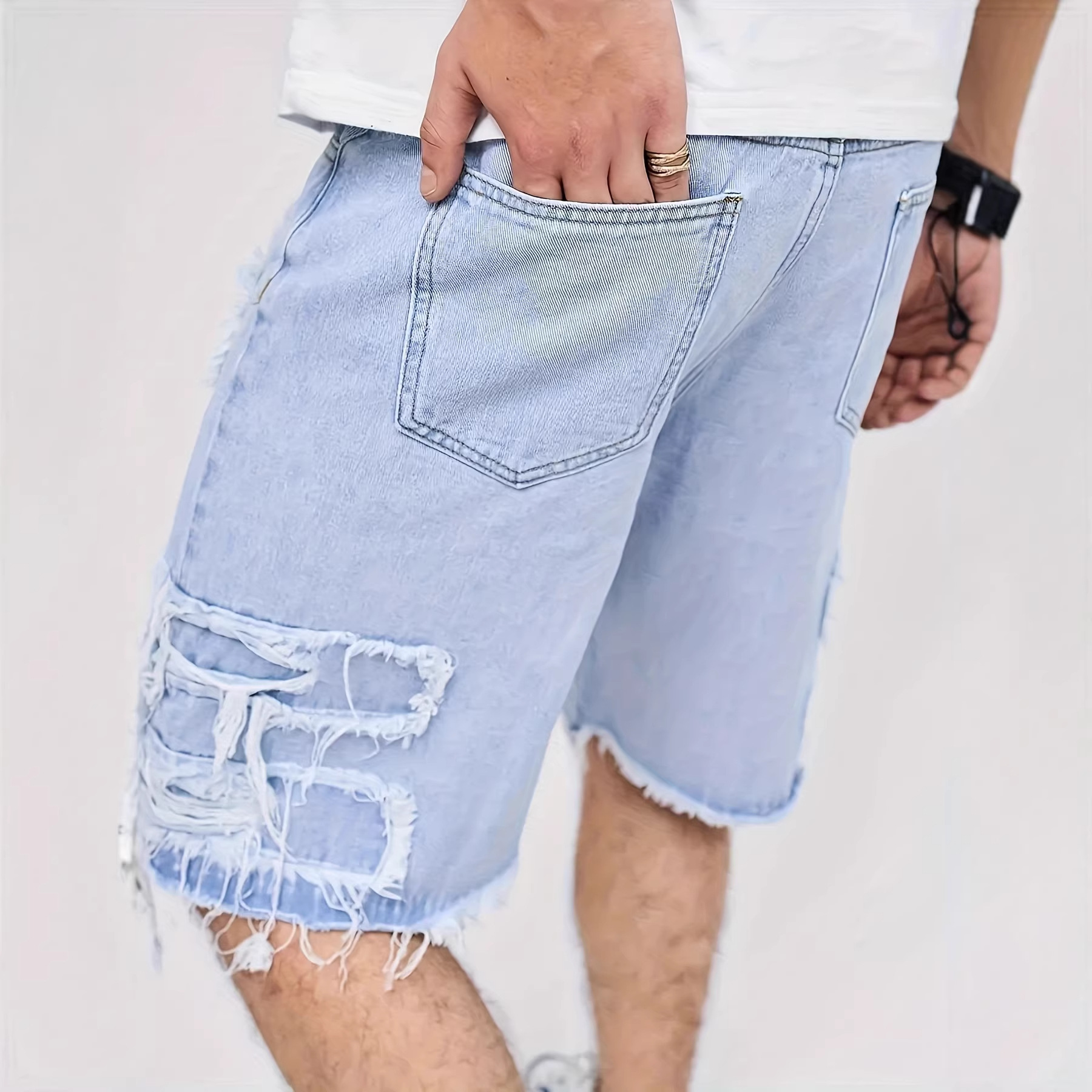 Men's Distressed Raw-Hem Denim Shorts