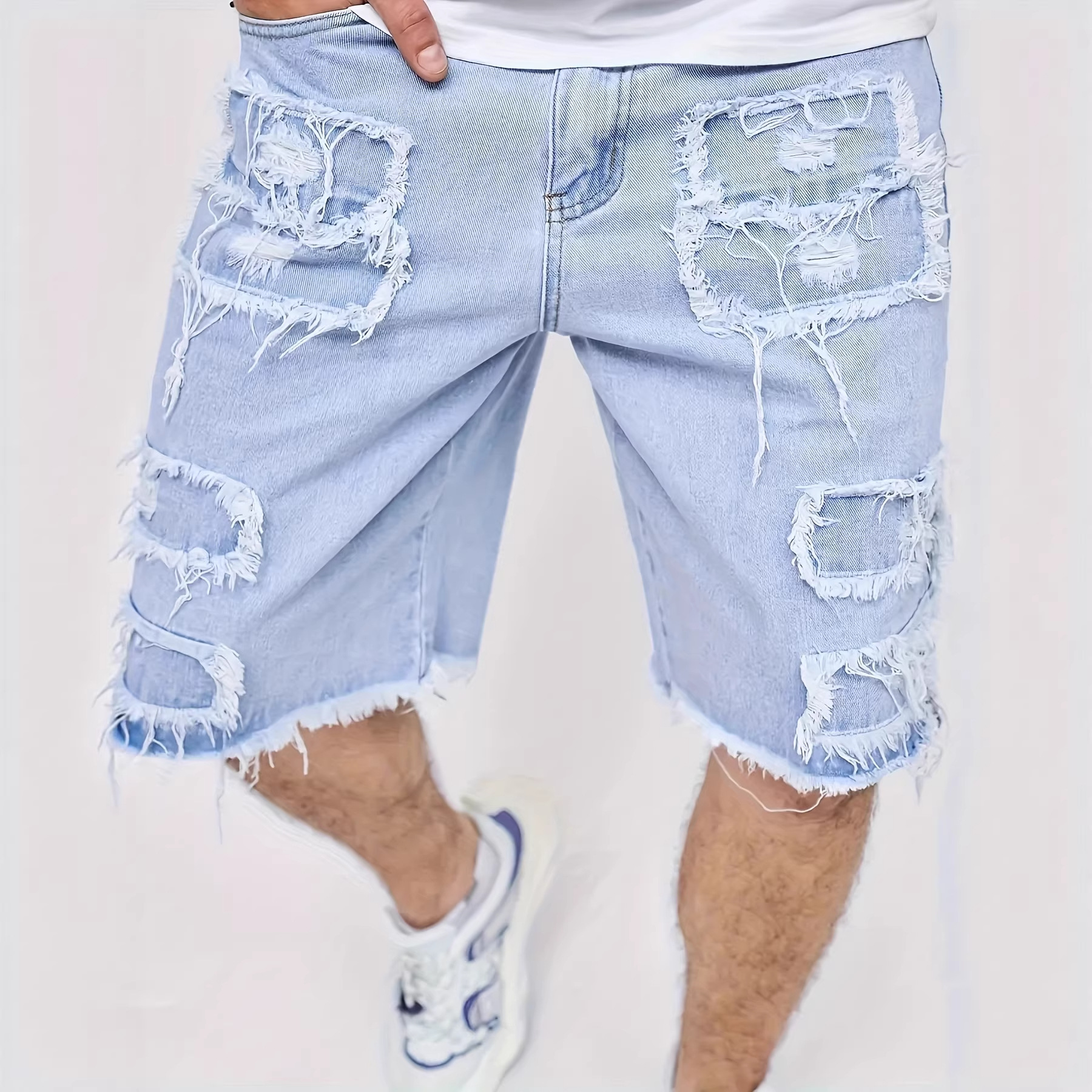 Men's Distressed Raw-Hem Denim Shorts