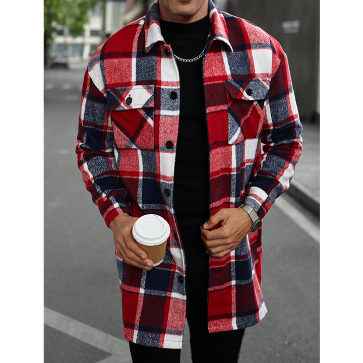 Plaid Lapel Loose-Fit Long Trench Coat