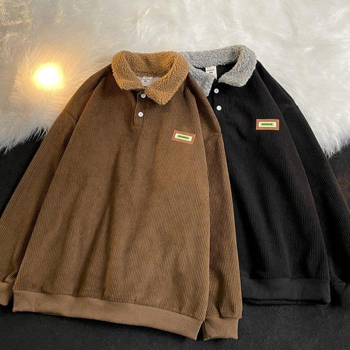 Contrast Teddy Collar Corduroy Pullover