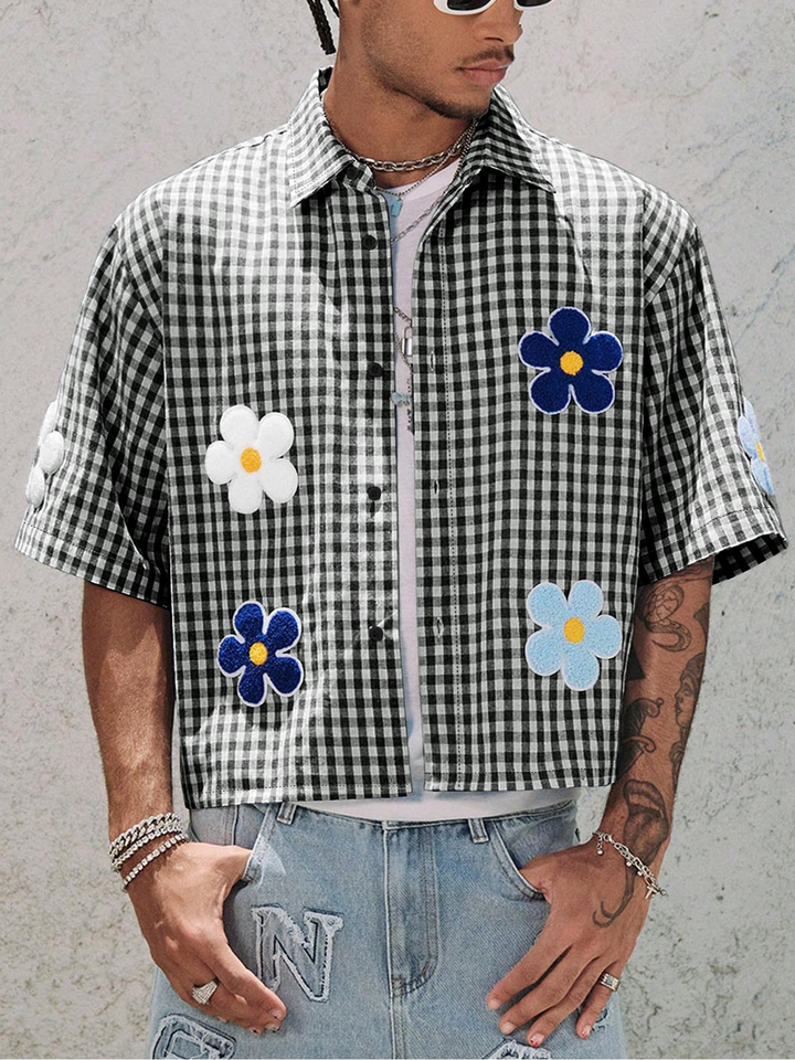 Floral Embroidered Plaid Button-Up Shirt