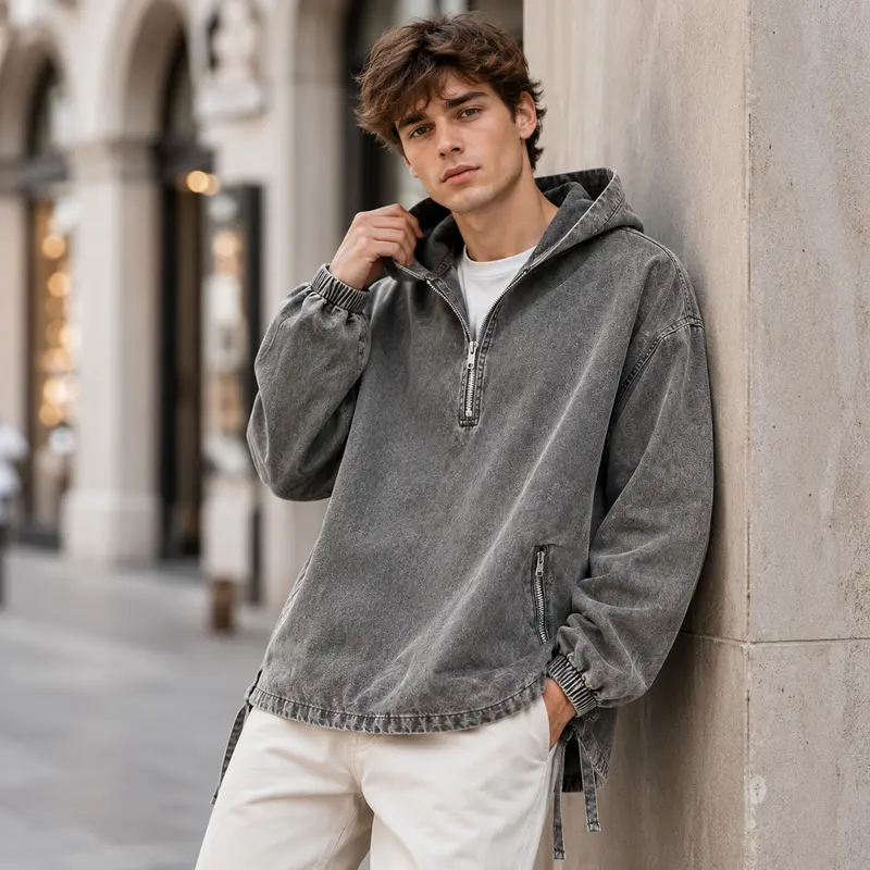 Washed Denim Oversized Half-Zip Hoodie