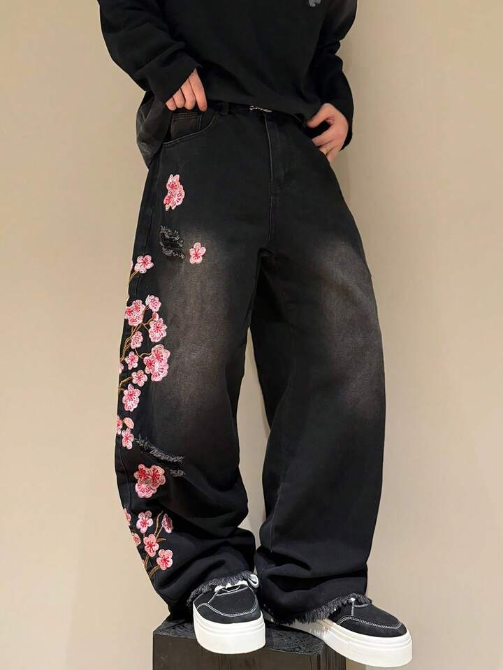 Cherry Blossom Embroidered Baggy Jeans