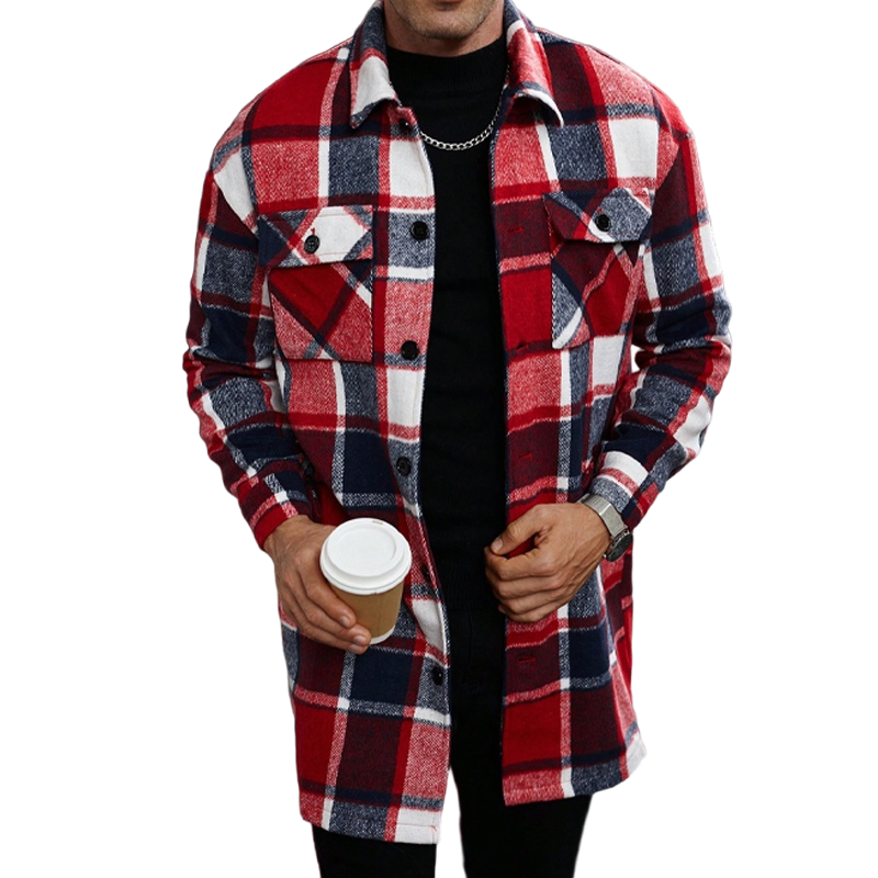 Plaid Lapel Loose-Fit Long Trench Coat
