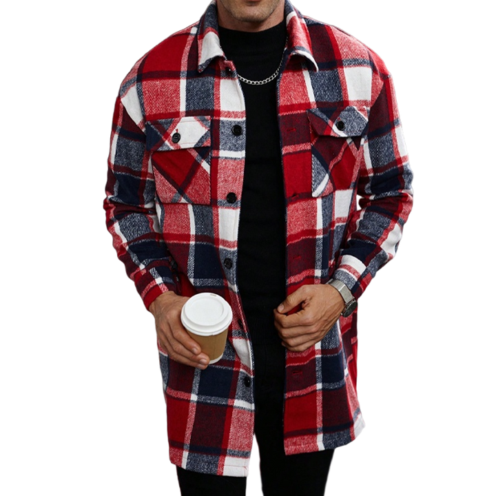 Plaid Lapel Loose-Fit Long Trench Coat