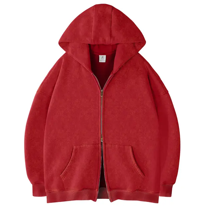 Acid Wash Double-Zip Oversized Hoodie