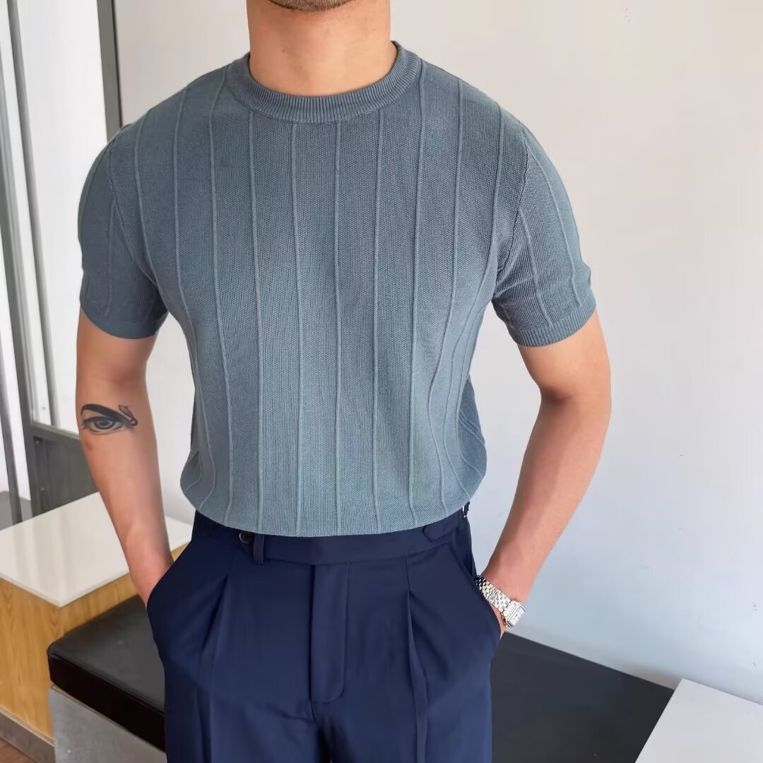Textured Ribbed Crewneck Knit Tee