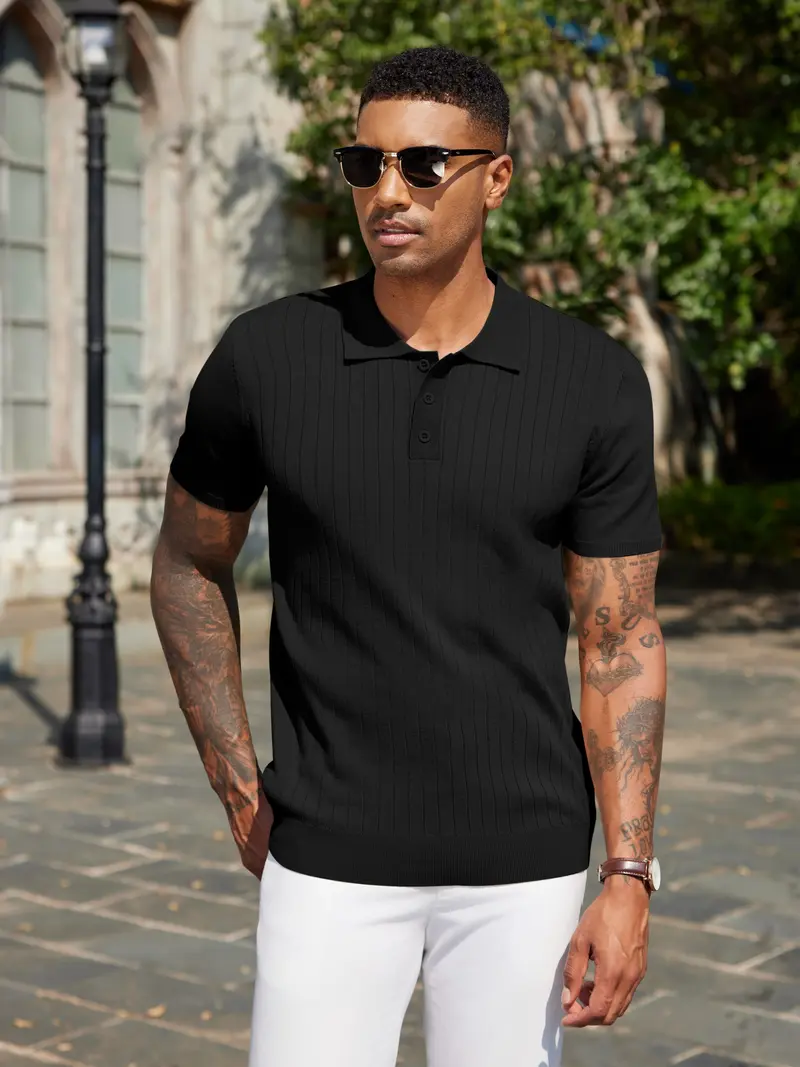 Ribbed Knit 3-Button Polo Shirt