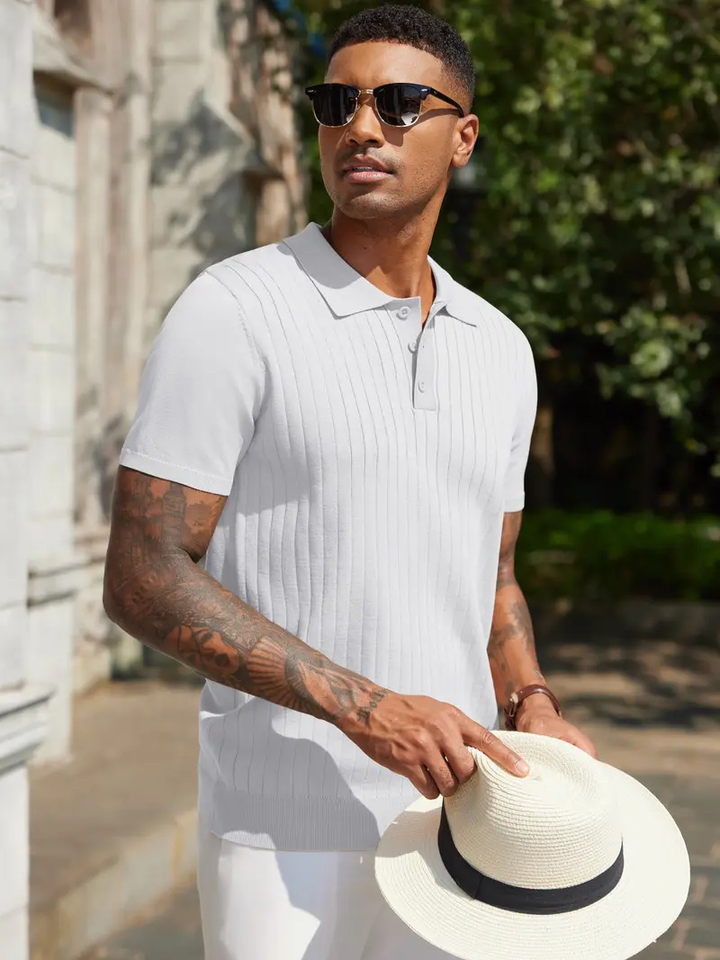 Ribbed Knit 3-Button Polo Shirt